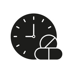 Clock With Pills Solid Icon. Medication Timing, Dosage Schedule, And Prescription Management Silhouette Symbol. Healthcare And Treatment Planning. Isolated Vector Illustration