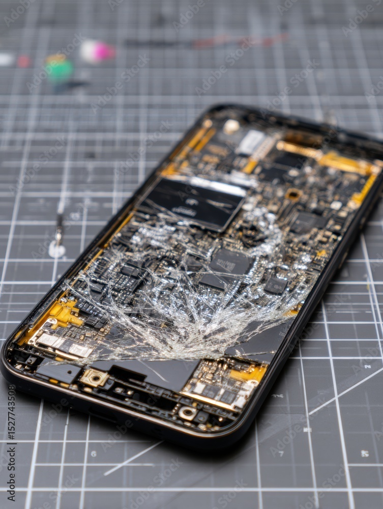 Poster busted touchscreen device reveals internal damage and system failure with shattered glass on a clean