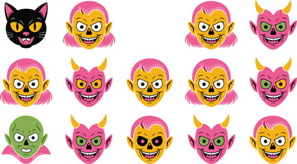 Colorful Vector Illustration of Cartoonish Monster Faces with Spooky and Playful Expressions, Perfect for Halloween or Party Designs