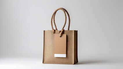 Beige jute shopping bag with rope handles and blank tag