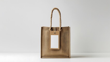 Beige jute tote bag with blank kraft paper tag mockup on white background