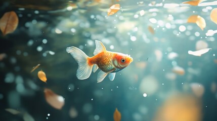 Golden fish swims in a sunlit underwater scene