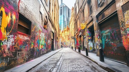 Fototapeta premium Urban alleyway lined with colorful graffiti, leading to a modern building