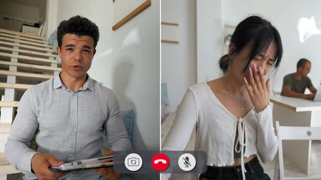 Two friends attend a split screen call discussing their feelings on an unresolved issue. The man appears thoughtful, while the woman shows visible concern.