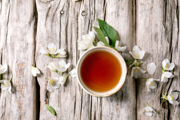 Tea Cup White Flowers Wooden Background