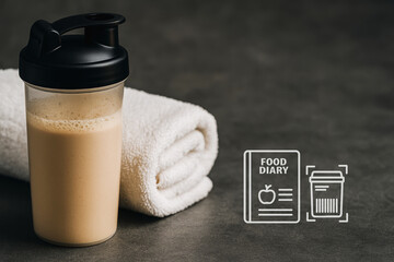 Protein shake weight loss transformation concept with towel and food diary on dark background