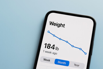 Weight loss transformation concept shown on smartphone screen with downward trend graph