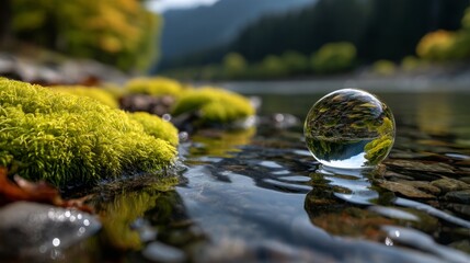 Nature scene with crystal ball on green leaves by a serene river capturing vibrant reflections in a tranquil environment