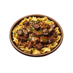 Fototapeta premium Delicious Beef Stew with Egg Noodles in a Wooden Bowl