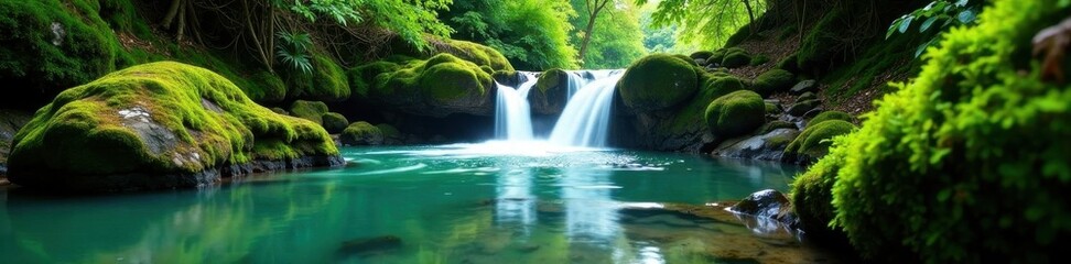 Fototapeta premium Emerald river cascades down mossy rocks into tranquil pool , vibrant, landscape