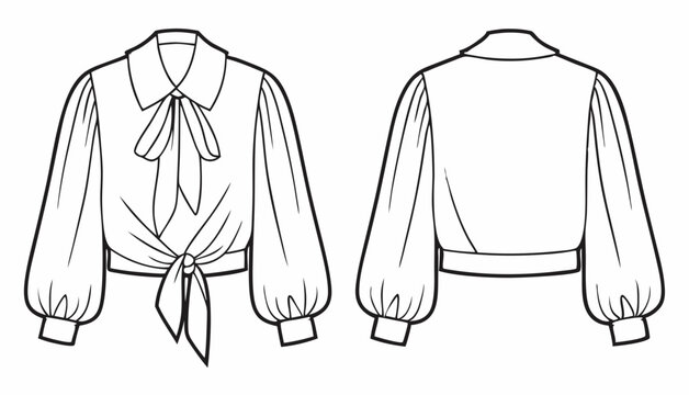 Bishop Sleeve Top with Front Knot Tie Fashion Flat Sketch Vector Illustration, CAD, Technical Drawing, Flat Drawing, Template, Mockup.   