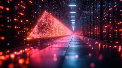 Futuristic server room with glowing data triangle