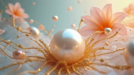 Luminous pearls and delicate peach blossoms intertwine with golden filigree, creating a dreamy, ethereal composition - Powered by Adobe