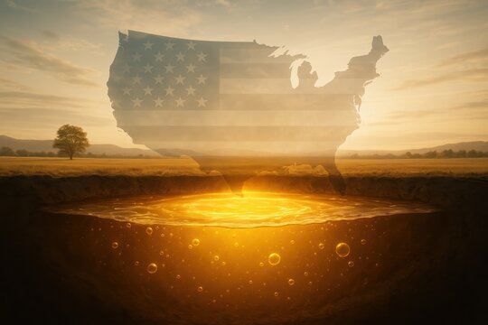 United States strategic petroleum reserve displayed with underground oil and overlaid American flag