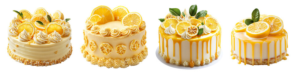 Collection of decorated lemon cakes, isolated on a transparent background