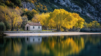 Obraz premium Autumnal lake scene with small stone cottage