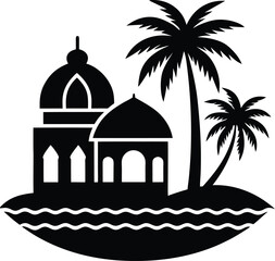 Beachside Mosque with Tropical Scenery vector silhouette illustration