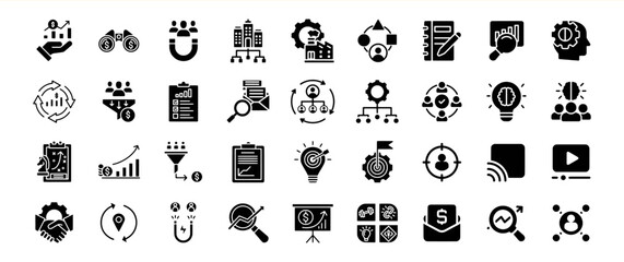 Business strategy icons set marketing management planning