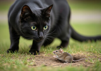 
A tense standoff between a sleek black cat with green eyes and a tiny mouse on grassy ground, highlighting predator-prey dynamics.