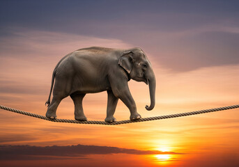 
An elephant carefully walks a tightrope against a dramatic sunset, symbolizing balance, challenge, and overcoming obstacles.