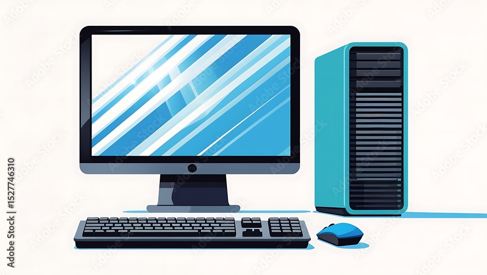 Fototapete modern teal desktop computer with monitor keyboard and mouse
