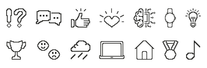 Pixel Art Icon Set Featuring Communication, Emotions, Technology, And Achievement Retro Symbols. Retro Style Pixelated Symbol Collection. Isolated Vector Illustration