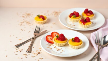 Delicious Mini Fruit Tarts with Fresh Raspberries and Strawberries on a Pink Background