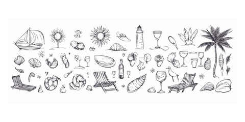 Hand-drawn monochrome collection of summer beach and seaside elements