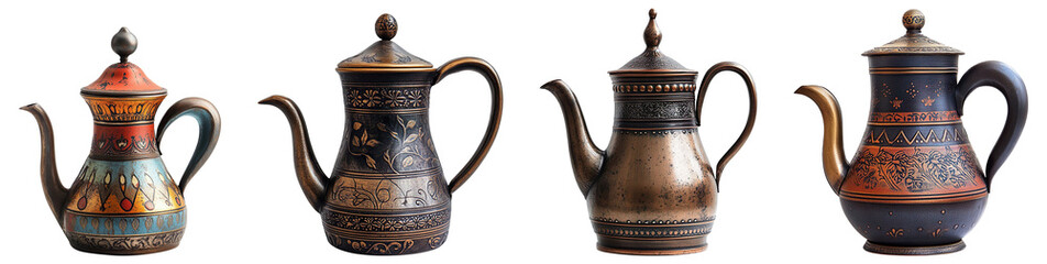 Collection of decorative vintage coffee pots, isolated on a transparent background