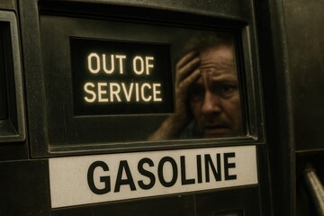 Man reflects in gas pump glass with out of service sign, symbolizing fear of system collapse due to cyberattack