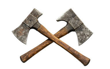 Two old fashioned wooden axes are crossed over each other