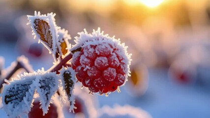 Icy red berries hang on a twig, covered in frost crystals, highlighted by warm winter sunlight in a frosty natural landscape. - Powered by Adobe