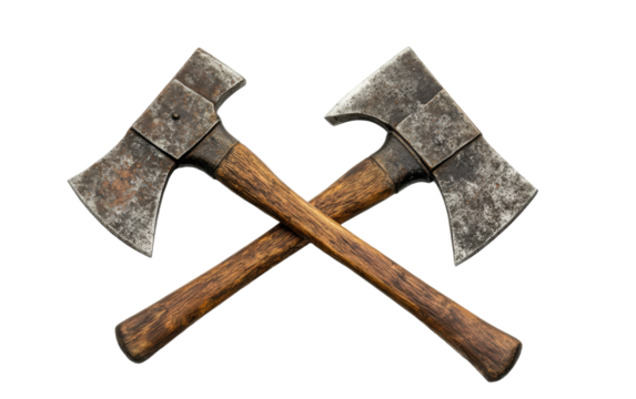 Two old fashioned wooden axes are crossed over each other