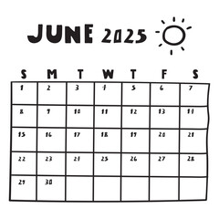 Printable calendar June 2025. Hand drawn design. Vector illustration on white background.