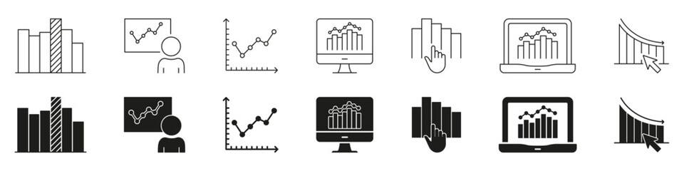 Data Analytics And Visualization Line And Solid Icon Set. Business Intelligence, Graph Analysis, Performance Tracking Symbols. Financial And Statistical Insights. Isolated Vector Illustration
