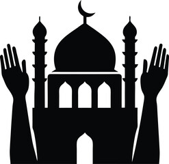 Hands Raised in Prayer Beside Mosque vector silhouette illustration