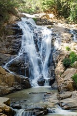 Majestic Pongour Waterfall is Cascading Down Rocky Cliffs in Lush Green Forest. Dalat, Vietnam.