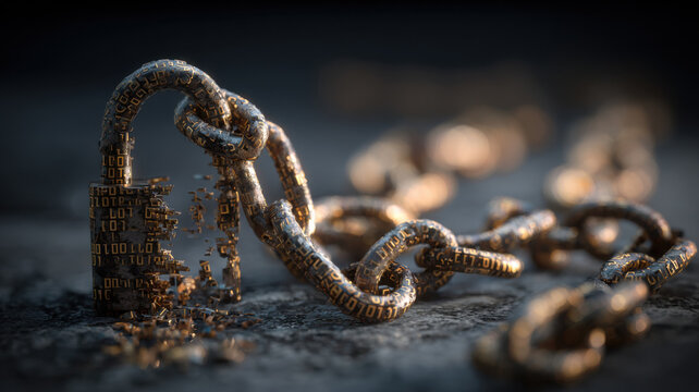 A tangled chain of binary numbers and a broken padlock, metaphor for breached digital trust