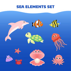 Sea Elements Set Adorable Marine Life Cartoon Illustrations