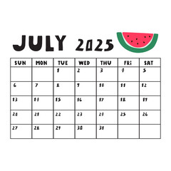 July 2025. Summer calendar. Printable design. Flat illustration on white background.