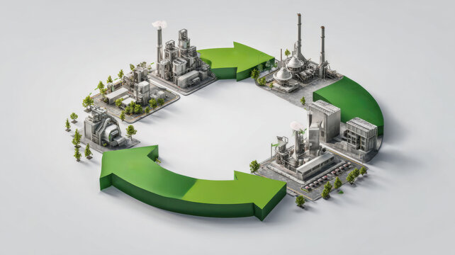 Circular economy loop with green arrows and factories, sustainable production flow concept