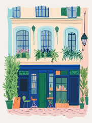 Parisian storefront with vibrant blue facade, green potted plants, expansive windows, radiating charming urban warmth and inviting ambiance