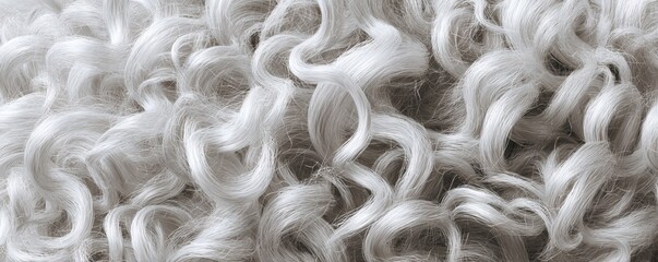 A close-up view of soft, wavy strands resembling textured hair or fibers in a light gray color, showcasing intricate curls and patterns.