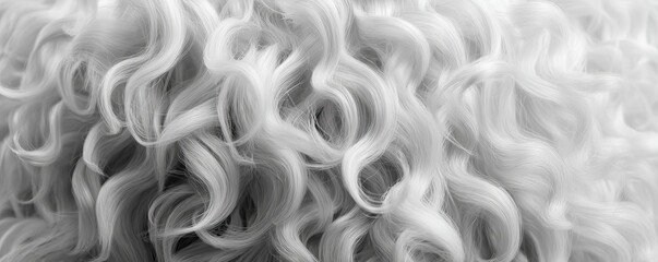 A close-up view of soft, curly white hair, showcasing intricate texture and flowing patterns.