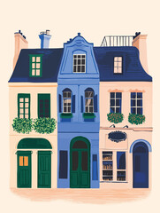 Parisian cityscape illustration featuring ornate buildings, vibrant facades, blooming window boxes, and welcoming doorways representing classic architectural elegance