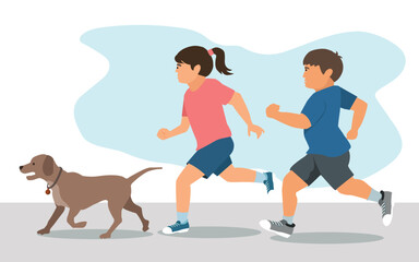 Little girl  and boy running with dog. Child exercising with pet in nature, healthy active lifestyle of children, friendship of animals and humans. vector, illustration