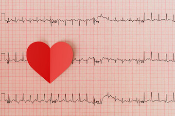Heartbeat line with red heart shape on red grid background.