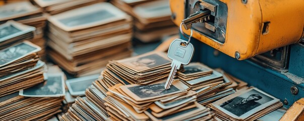 Close-up of a key duplication machine with a key inserted surrounded by organized stacks of metal keys and key tags in a workshop