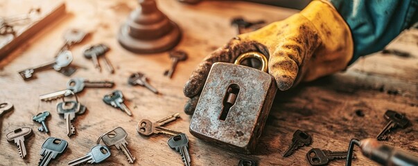 Close-up of a rusty antique padlock held by a gloved hand on a wooden table surrounded by various old keys and lock parts