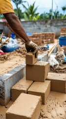 Close-up of a gloved hand placing a wet brown brick on a stack of freshly made mud bricks outdoors with construction materials around
